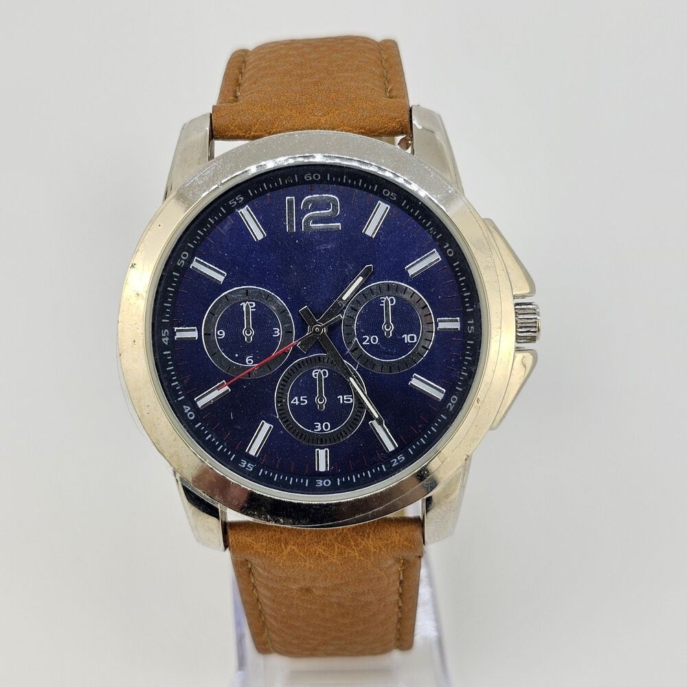 Men's Watch 47MM Blue Dial Brown Faux Leather Bands New Battery